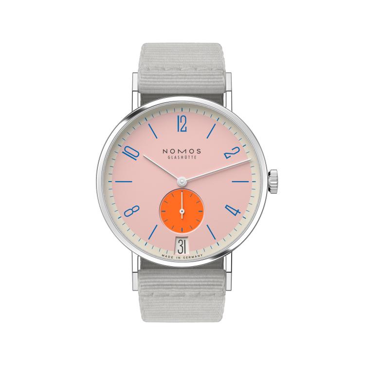 Unisex, Handaufzug,  NOMOS Glashütte Tangente 38 Datum Flamingopink  